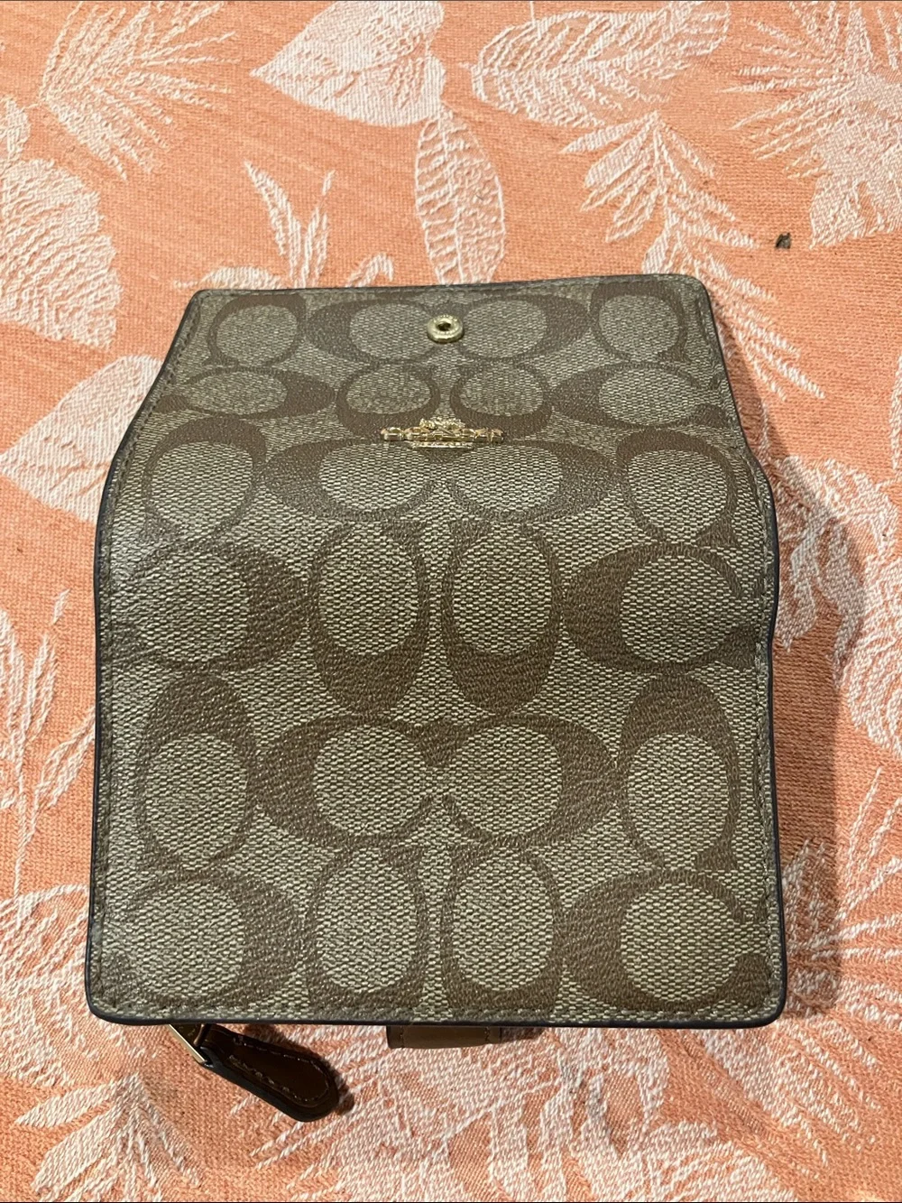Coach Brown Signature Canvas Compact Wallet with Silver Logo